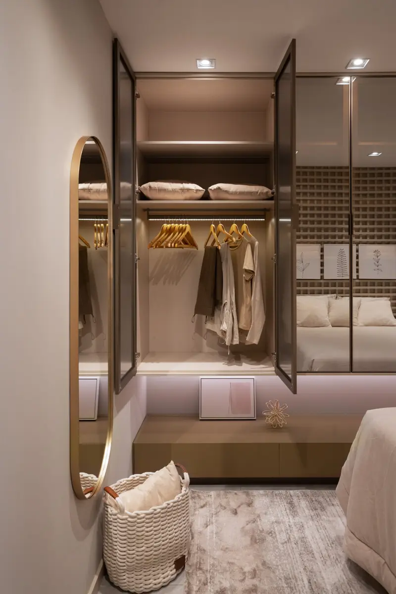 Closet com portas de vidro, cabideiro e gavetas